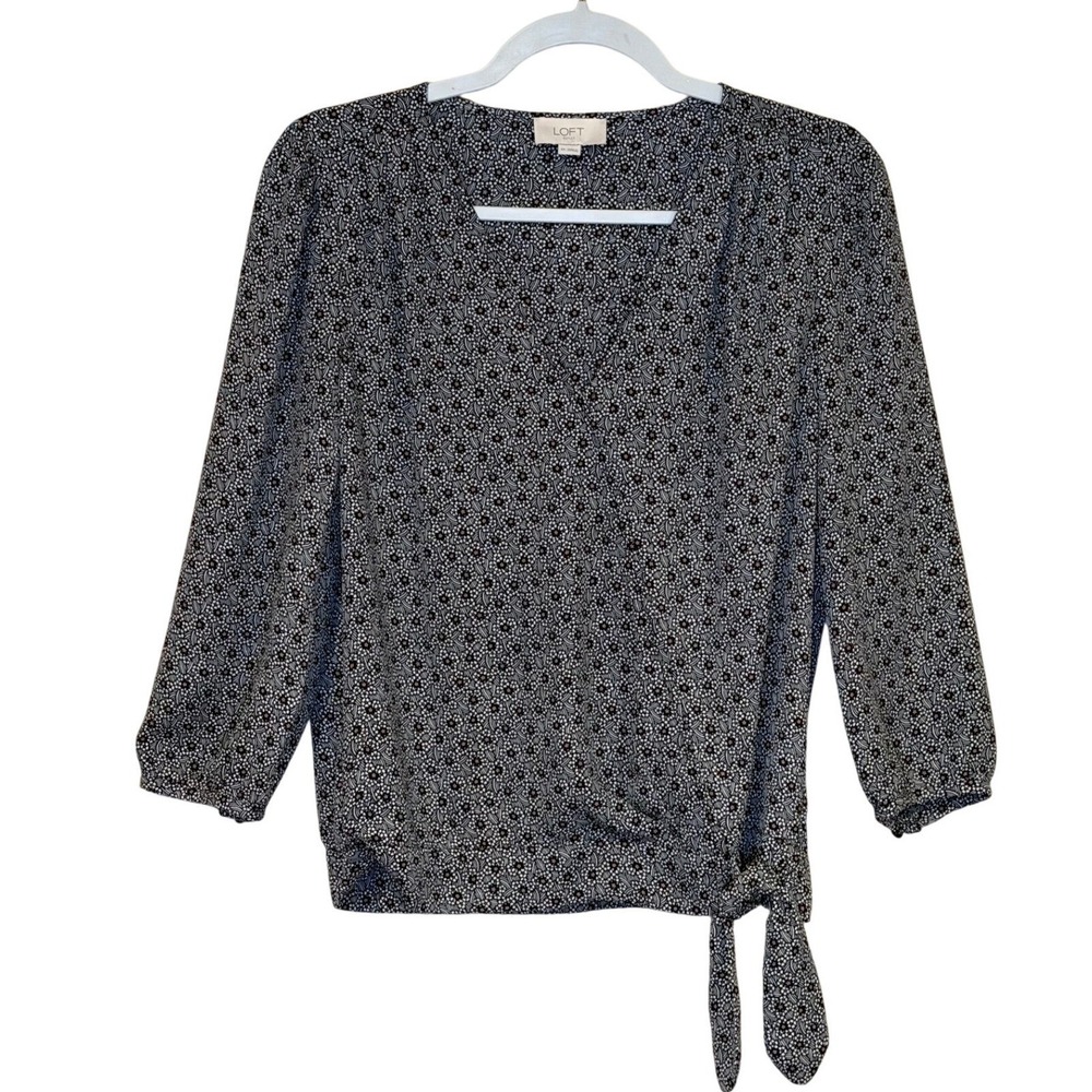 LOFT Women Blouse Navy Blue XS Floral Faux Wrap Office Work Classic Feminine - Picture 2 of 6